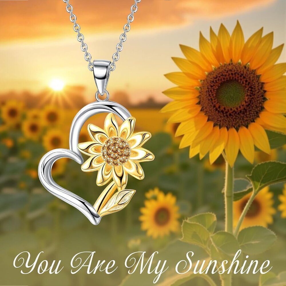 Sterling Silver Sunflower Necklace 14K Gold Plated Heart Pendant Gift for Women - Picture 5 of 6